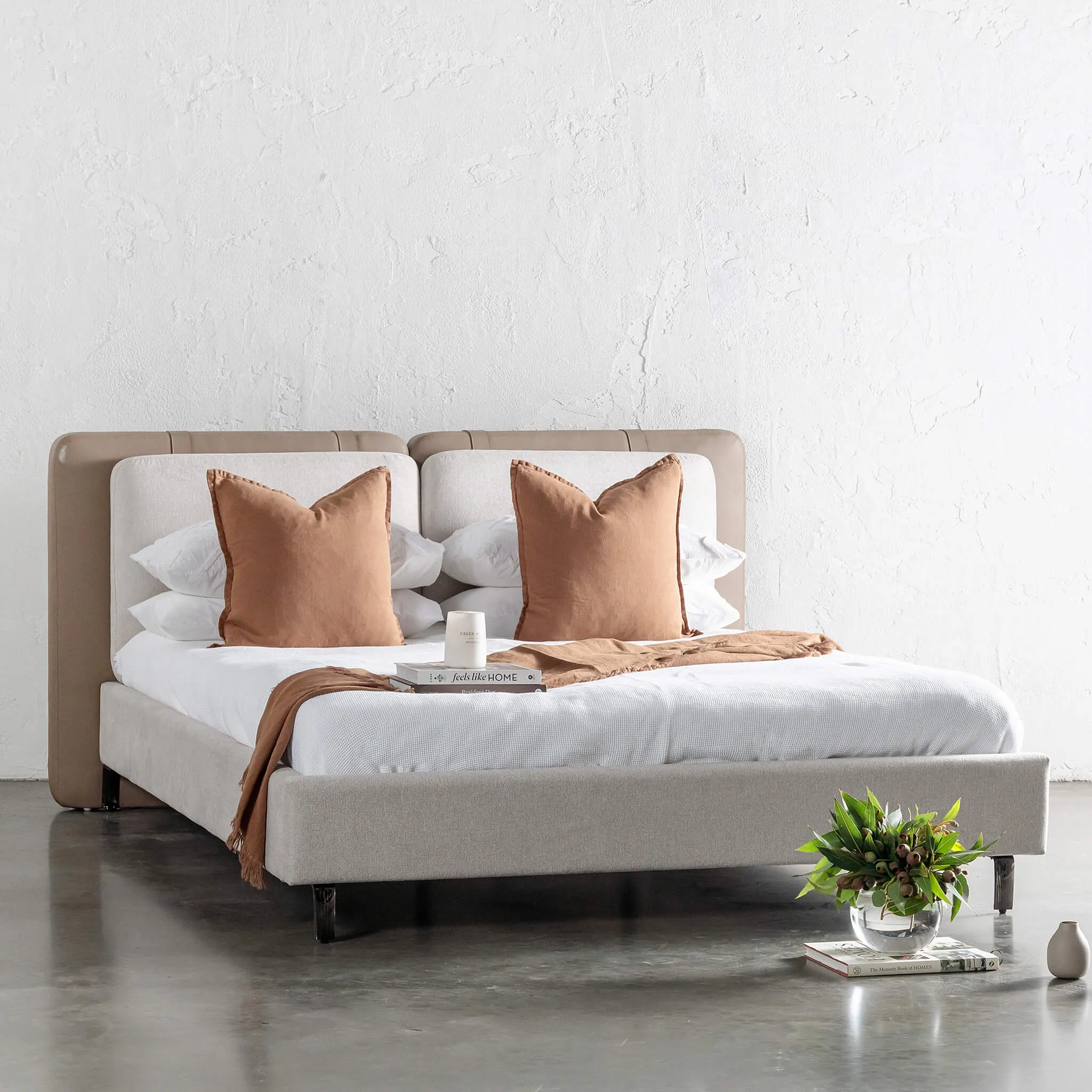 ALBARO BED FRAME  |  BEIGE ROYAL   TOBACCO TAN VEGAN LEATHER