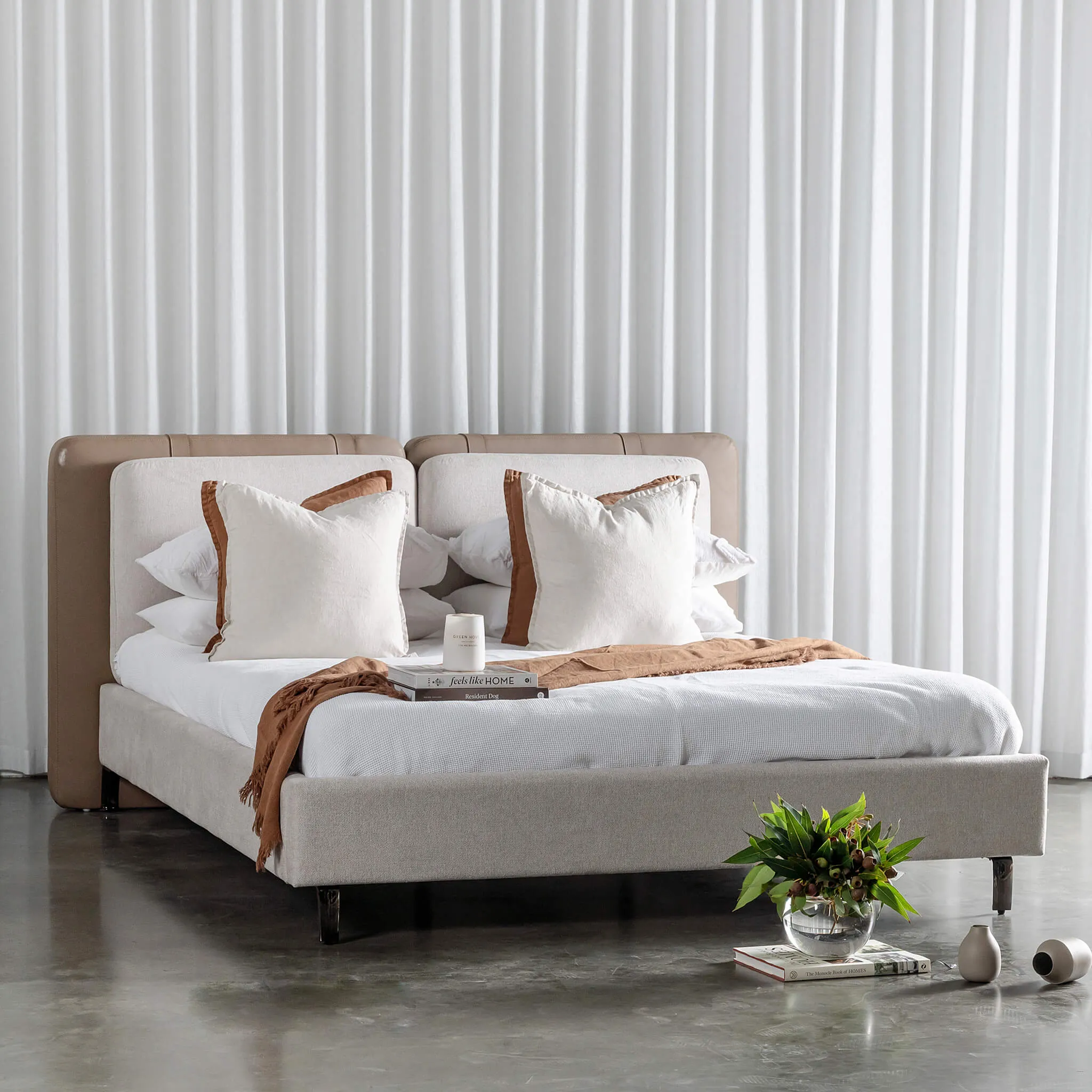 ALBARO BED FRAME  |  BEIGE ROYAL   TOBACCO TAN VEGAN LEATHER
