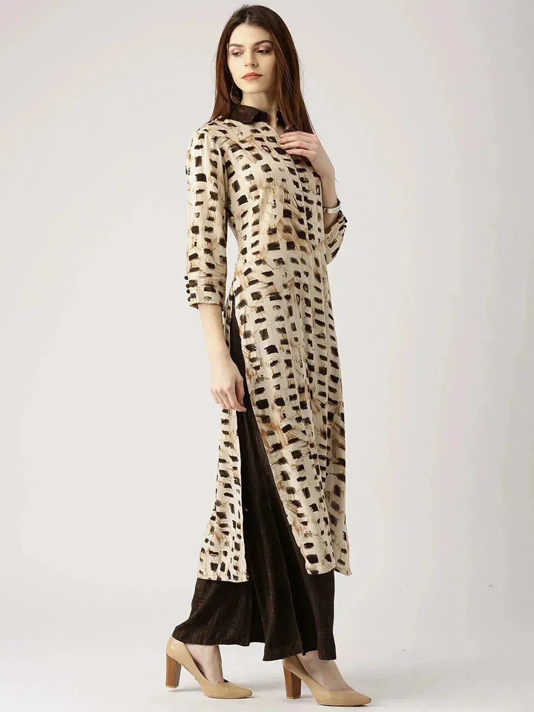 Beige Printed Rayon Straight Kurta With Palazzos