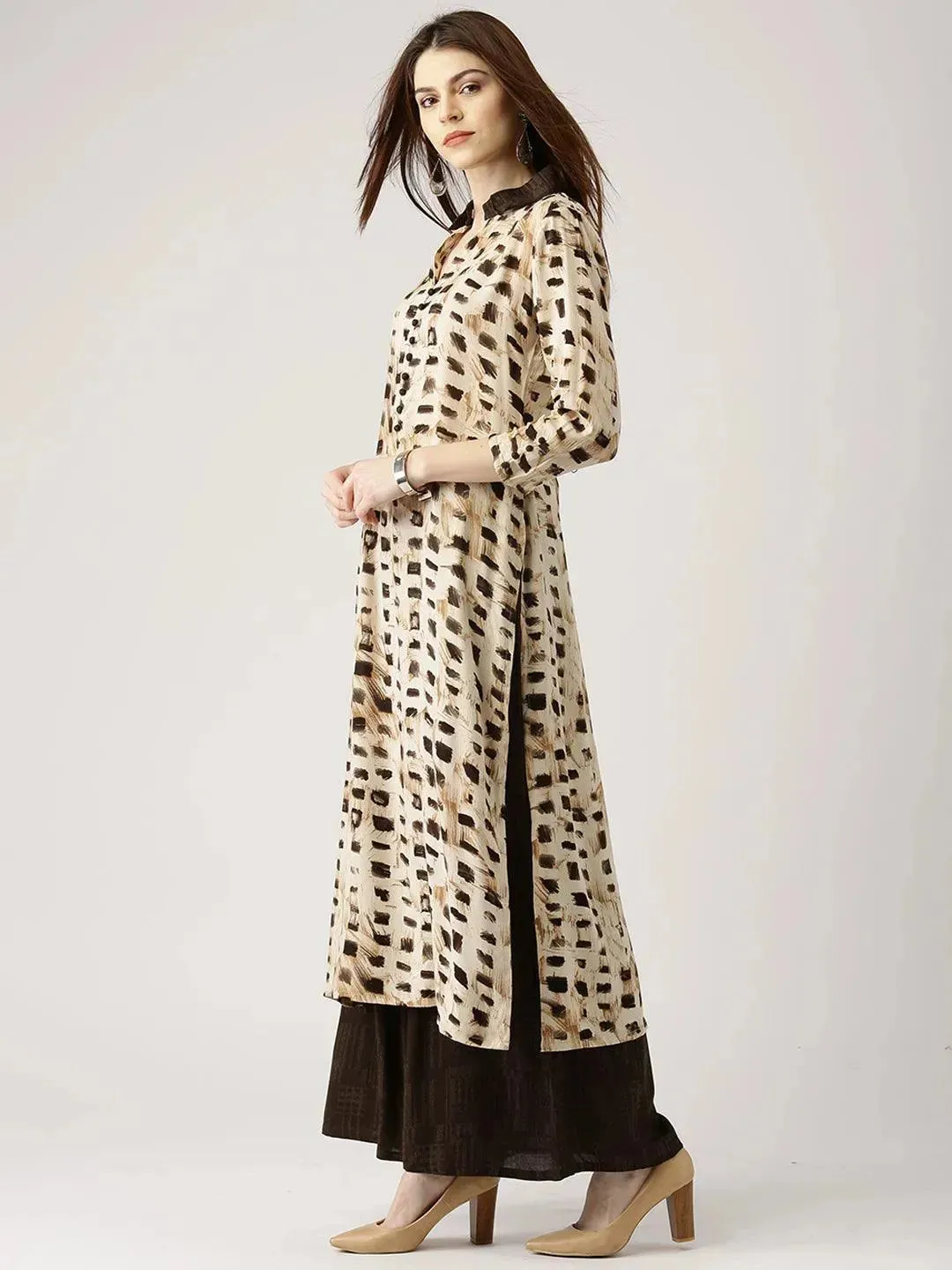 Beige Printed Rayon Straight Kurta With Palazzos