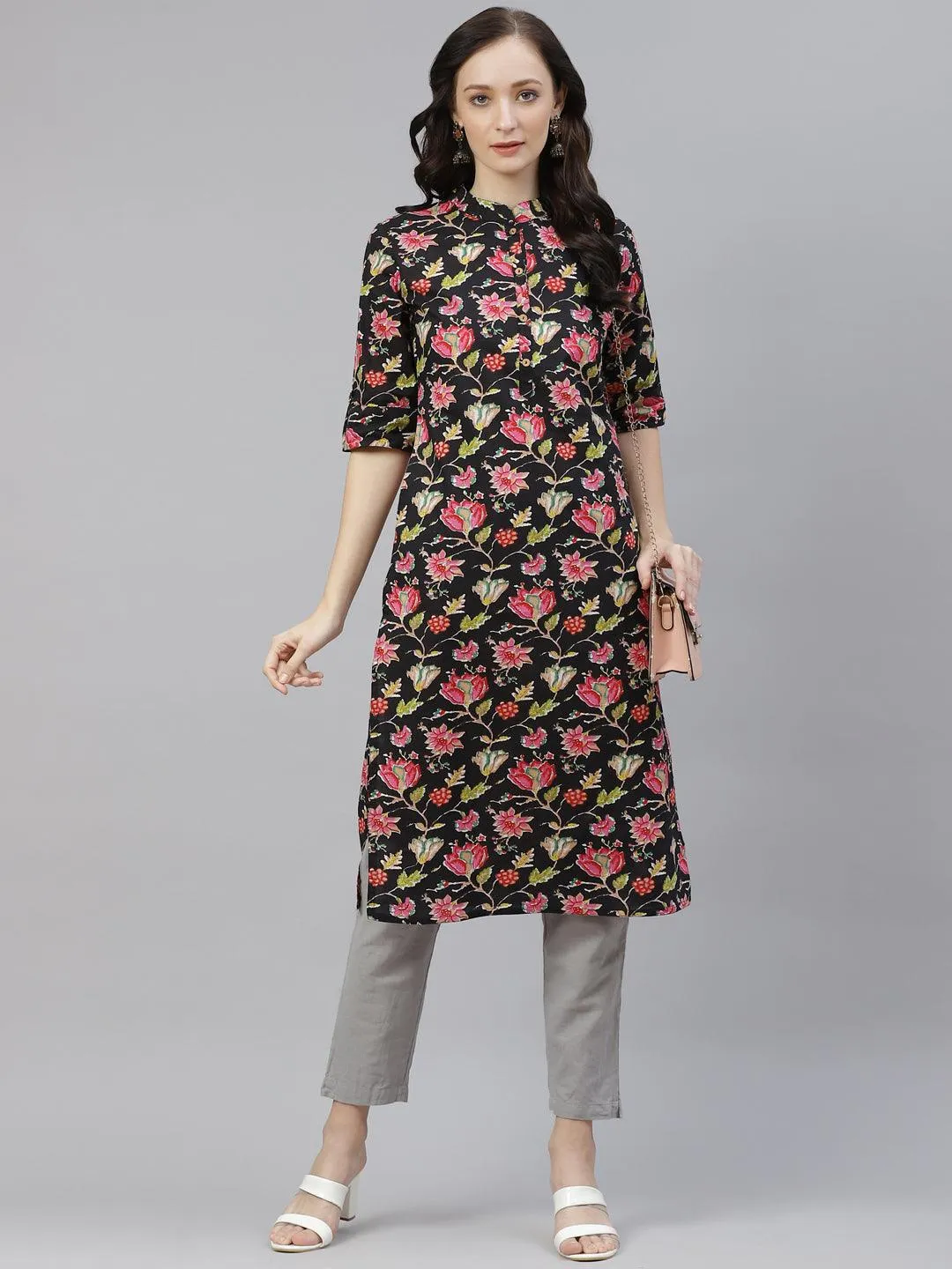 Black Floral Cotton Straight Kurti