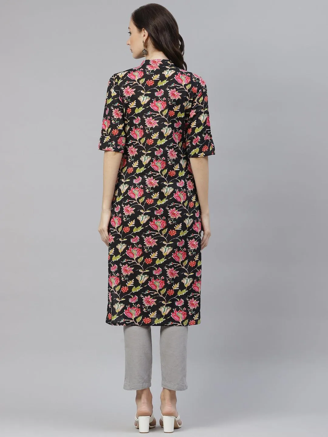 Black Floral Cotton Straight Kurti