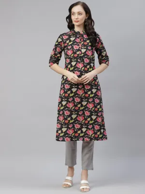Black Floral Cotton Straight Kurti