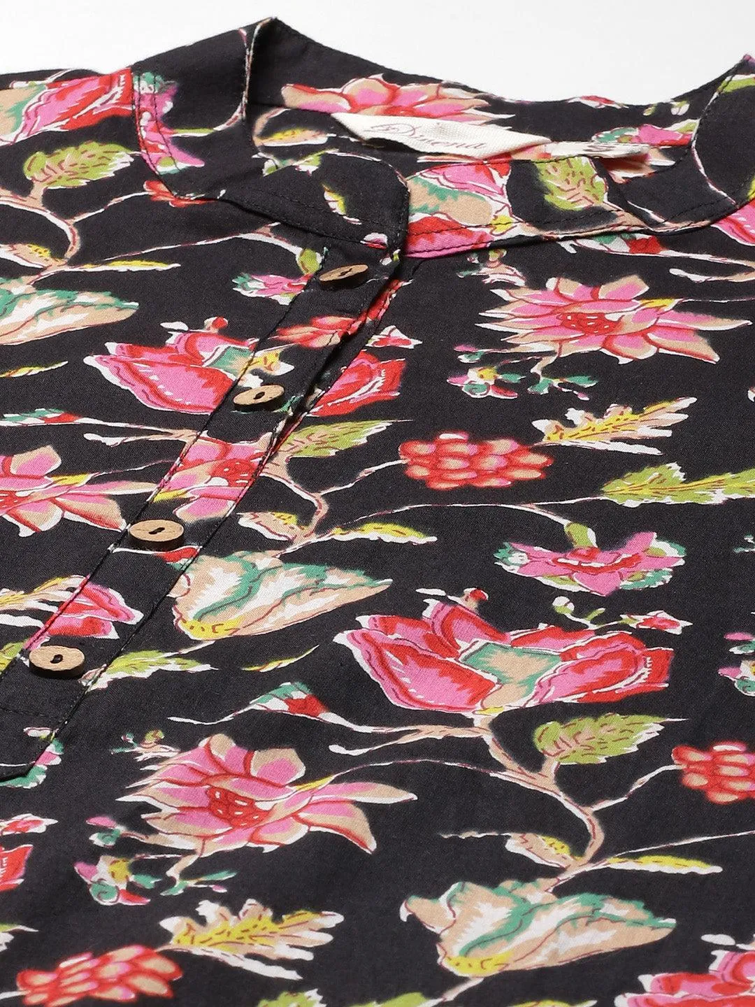 Black Floral Cotton Straight Kurti