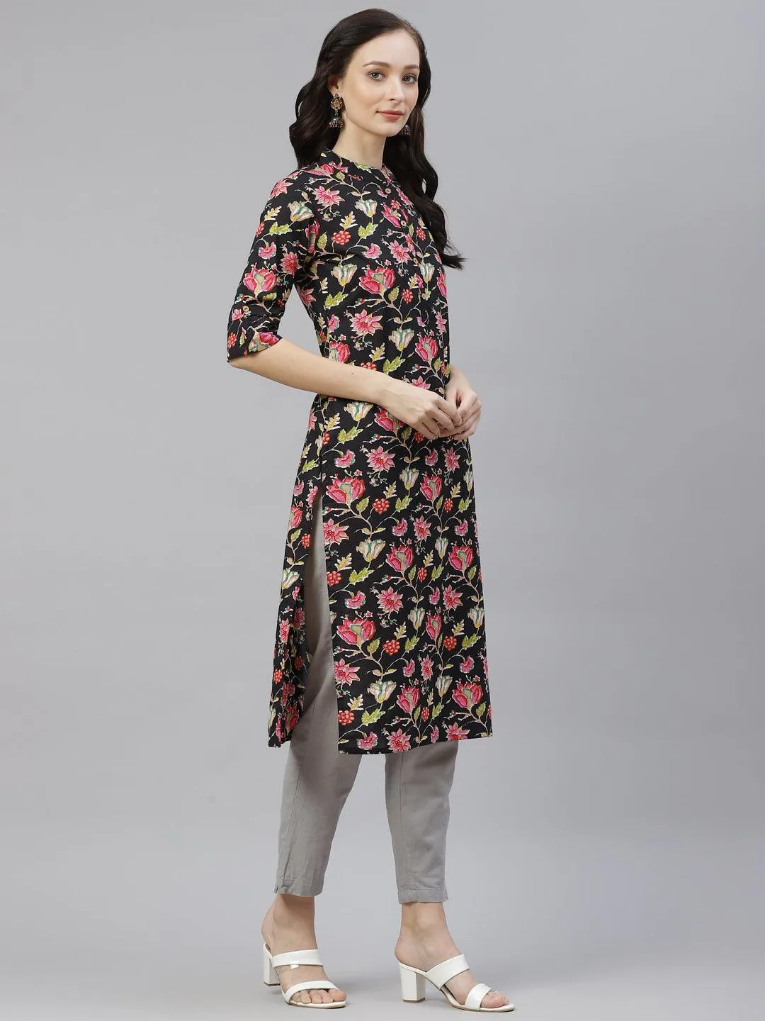 Black Floral Cotton Straight Kurti