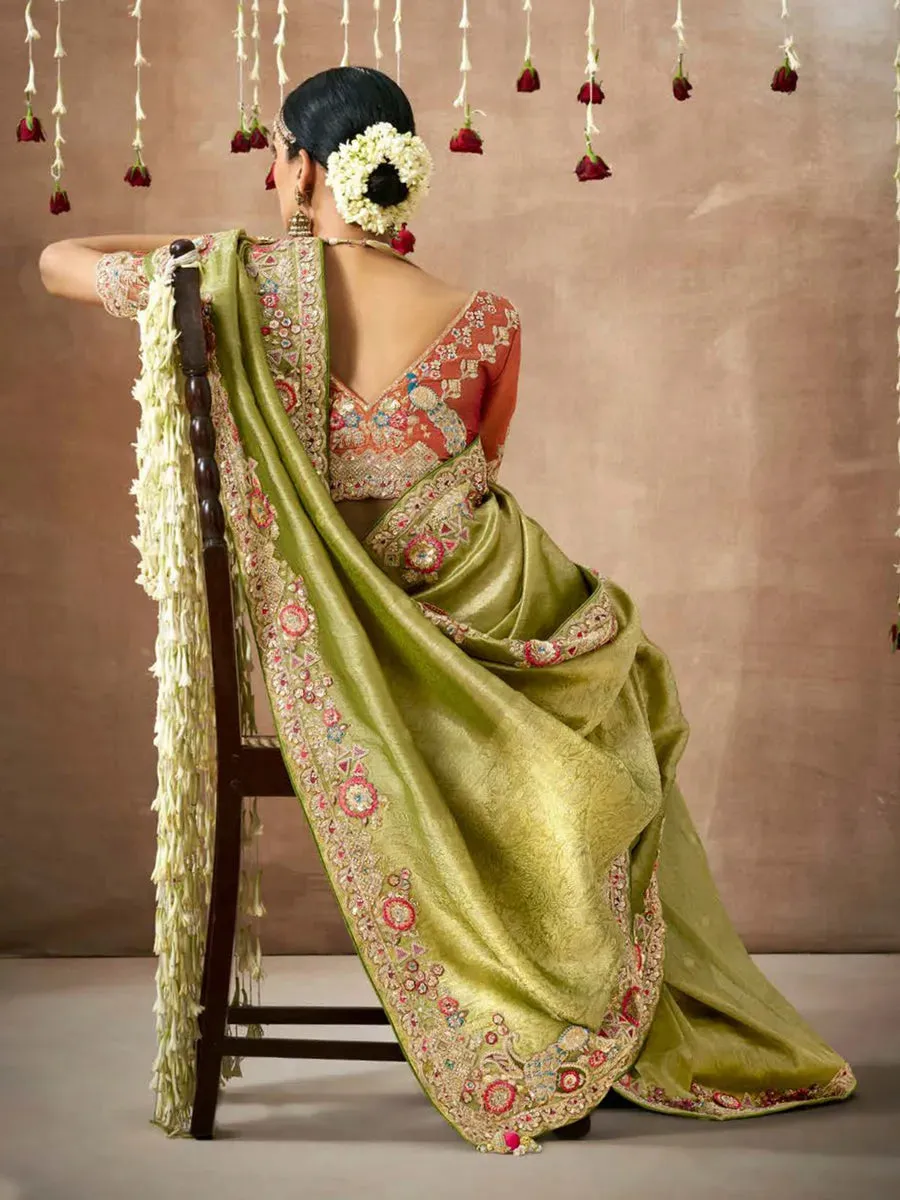 Blazing Olive Green Designer Silk Embroidered Saree
