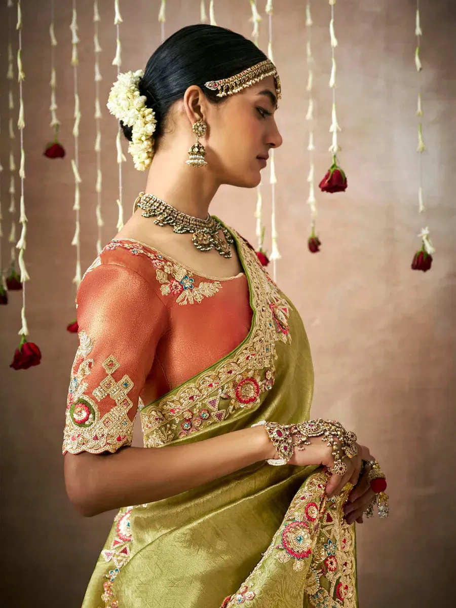 Blazing Olive Green Designer Silk Embroidered Saree