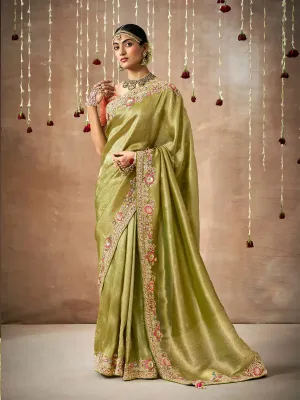 Blazing Olive Green Designer Silk Embroidered Saree