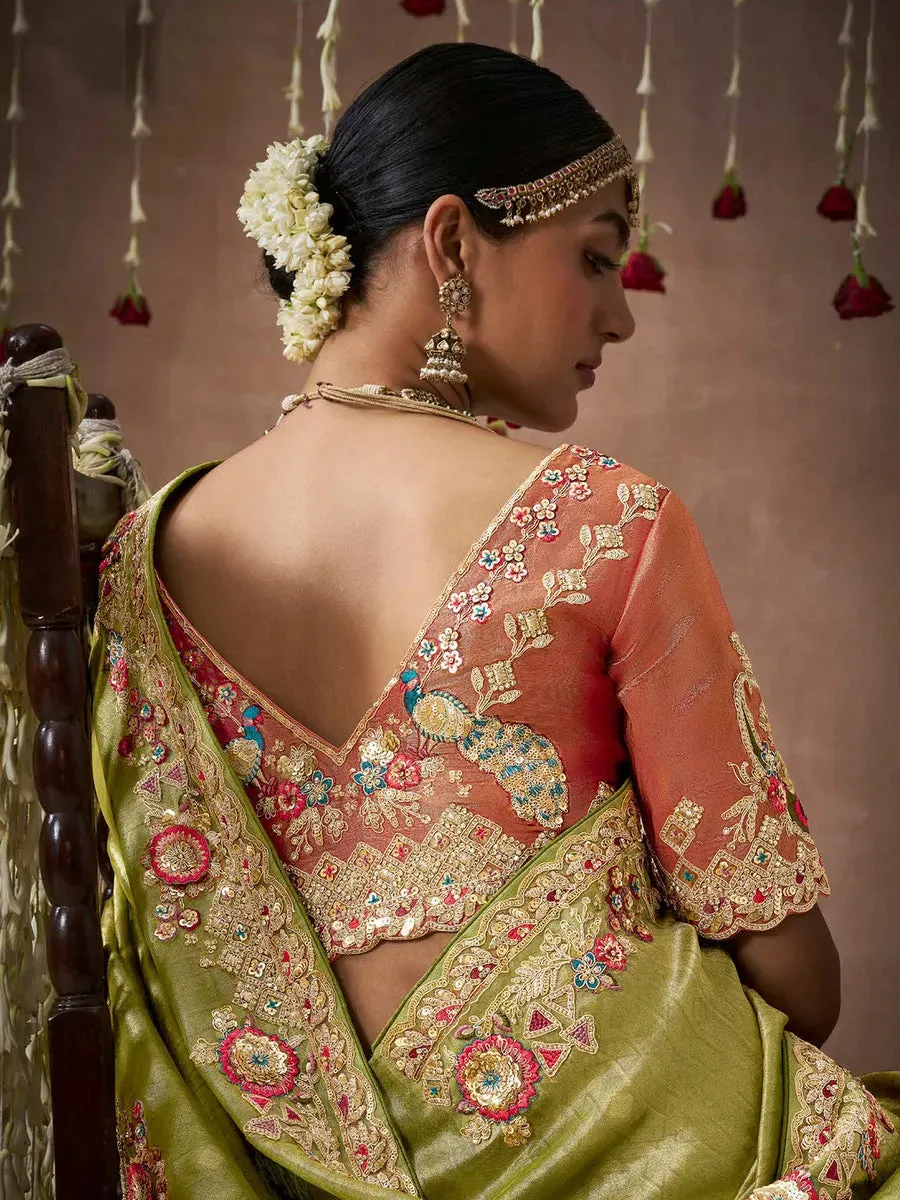Blazing Olive Green Designer Silk Embroidered Saree