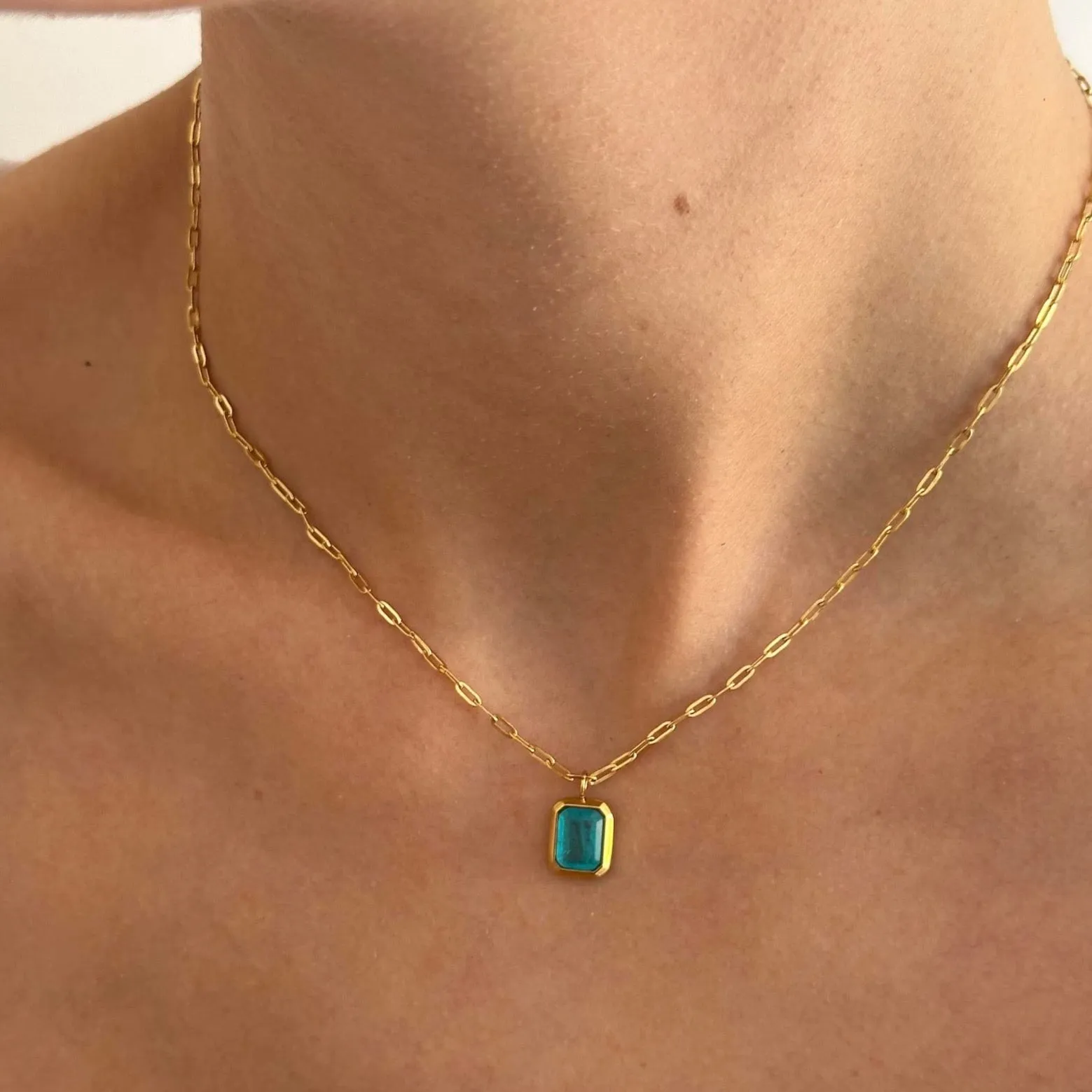 Blue Pendant Gold Paperclip Chain Necklace