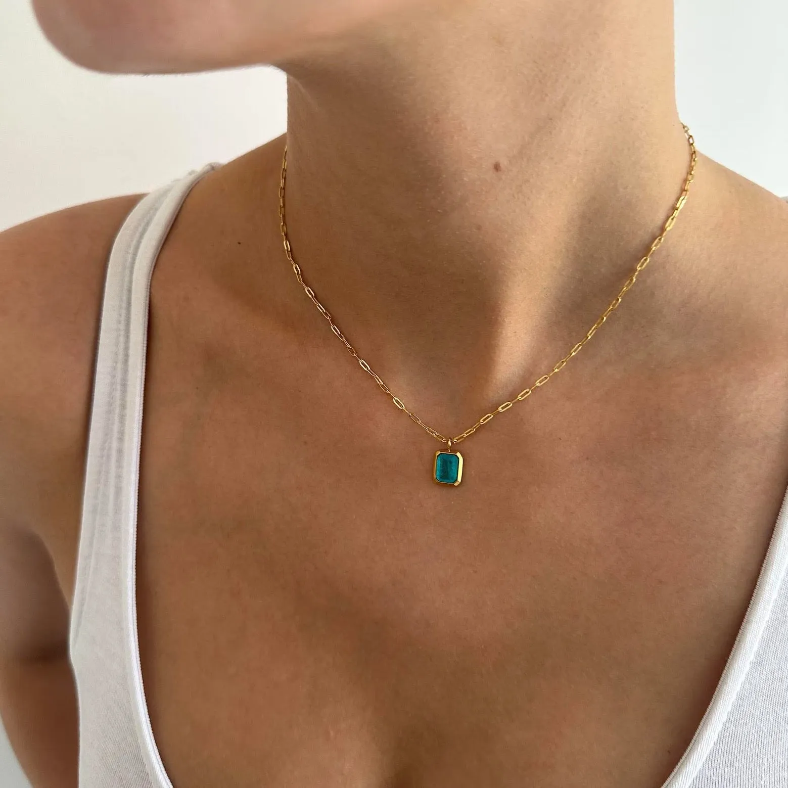 Blue Pendant Gold Paperclip Chain Necklace