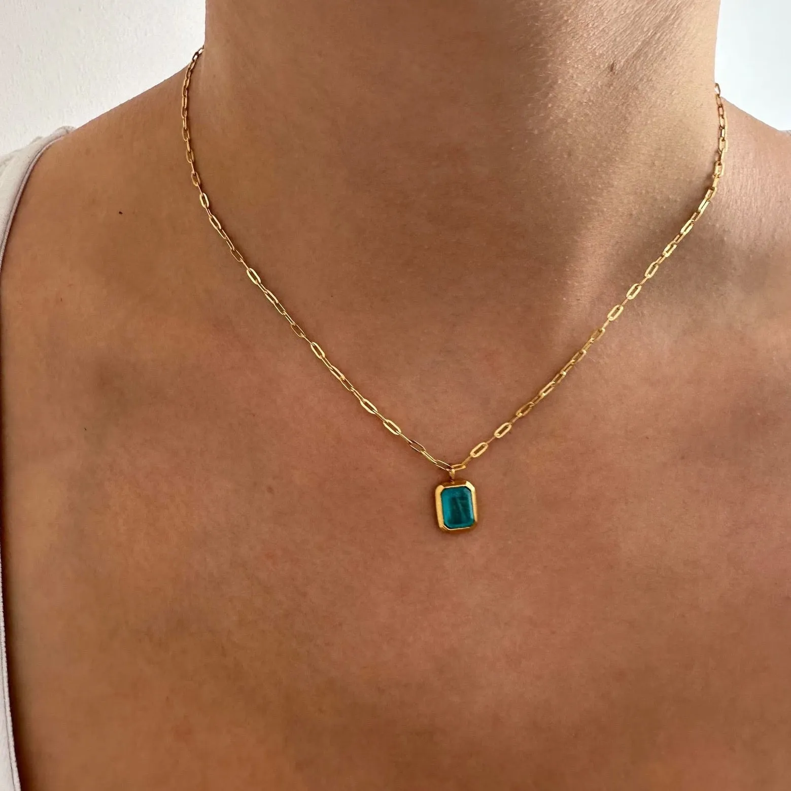 Blue Pendant Gold Paperclip Chain Necklace