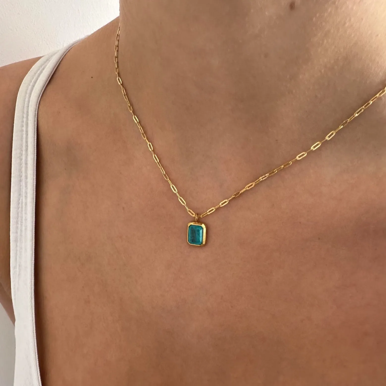 Blue Pendant Gold Paperclip Chain Necklace