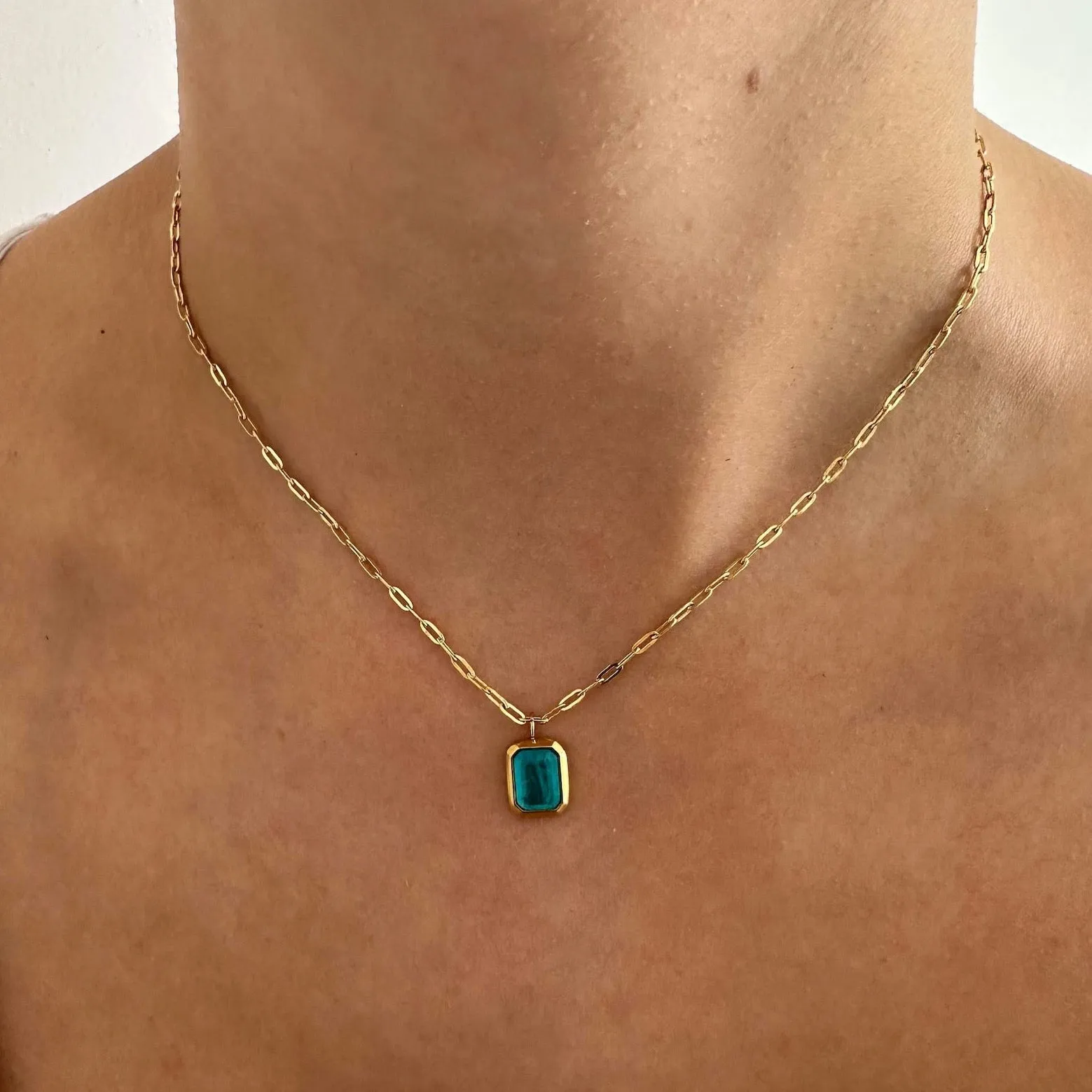 Blue Pendant Gold Paperclip Chain Necklace