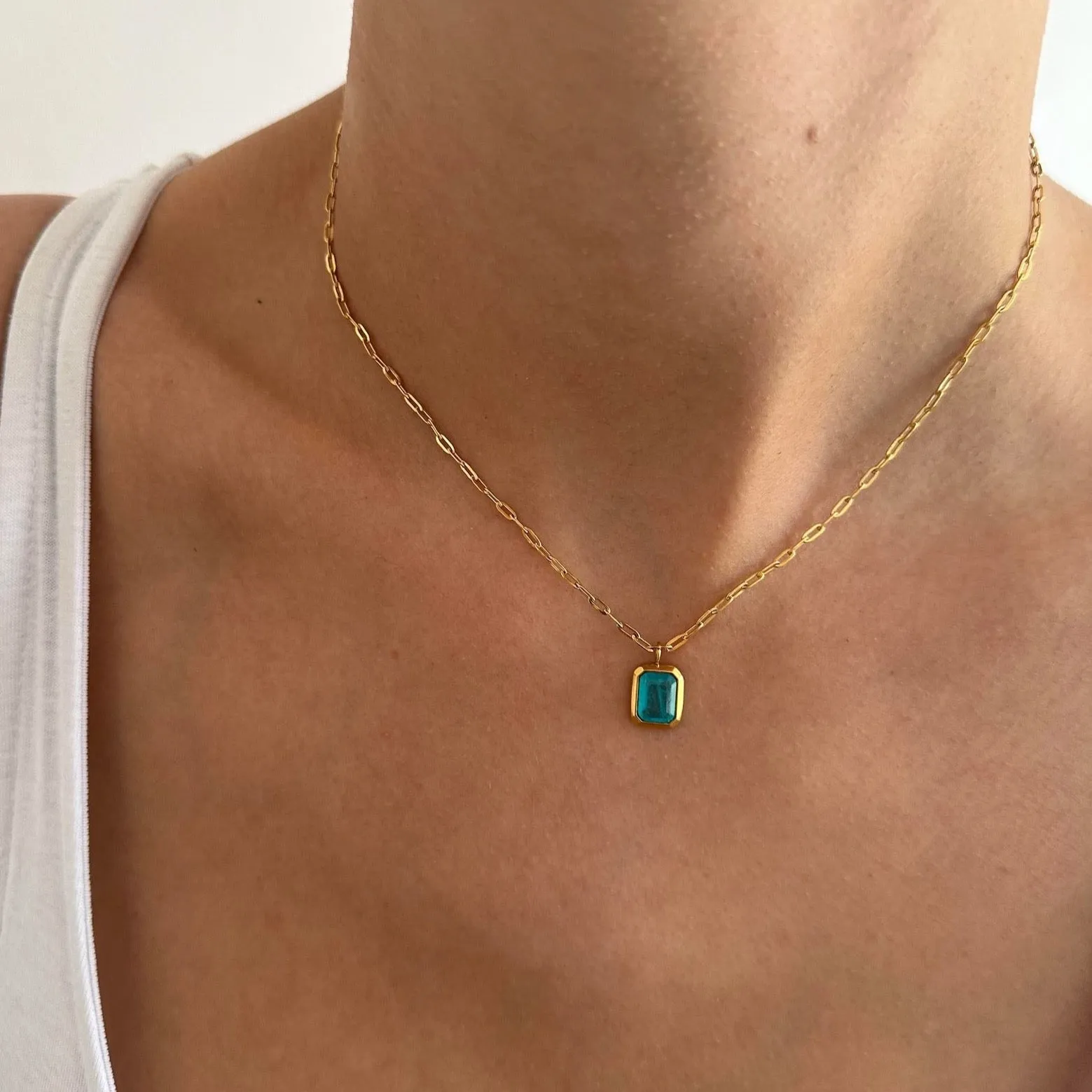 Blue Pendant Gold Paperclip Chain Necklace