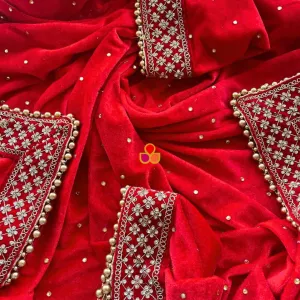 Bridal Firdaus Red Embroidered Stone Velvet Dupatta