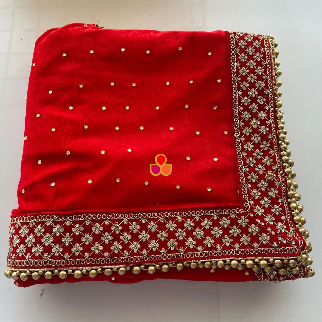 Bridal Firdaus Red Embroidered Stone Velvet Dupatta
