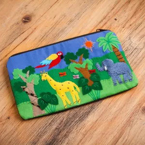 Cotton Applique Folk Art Cosmetic Bag - Jungle Friends | NOVICA