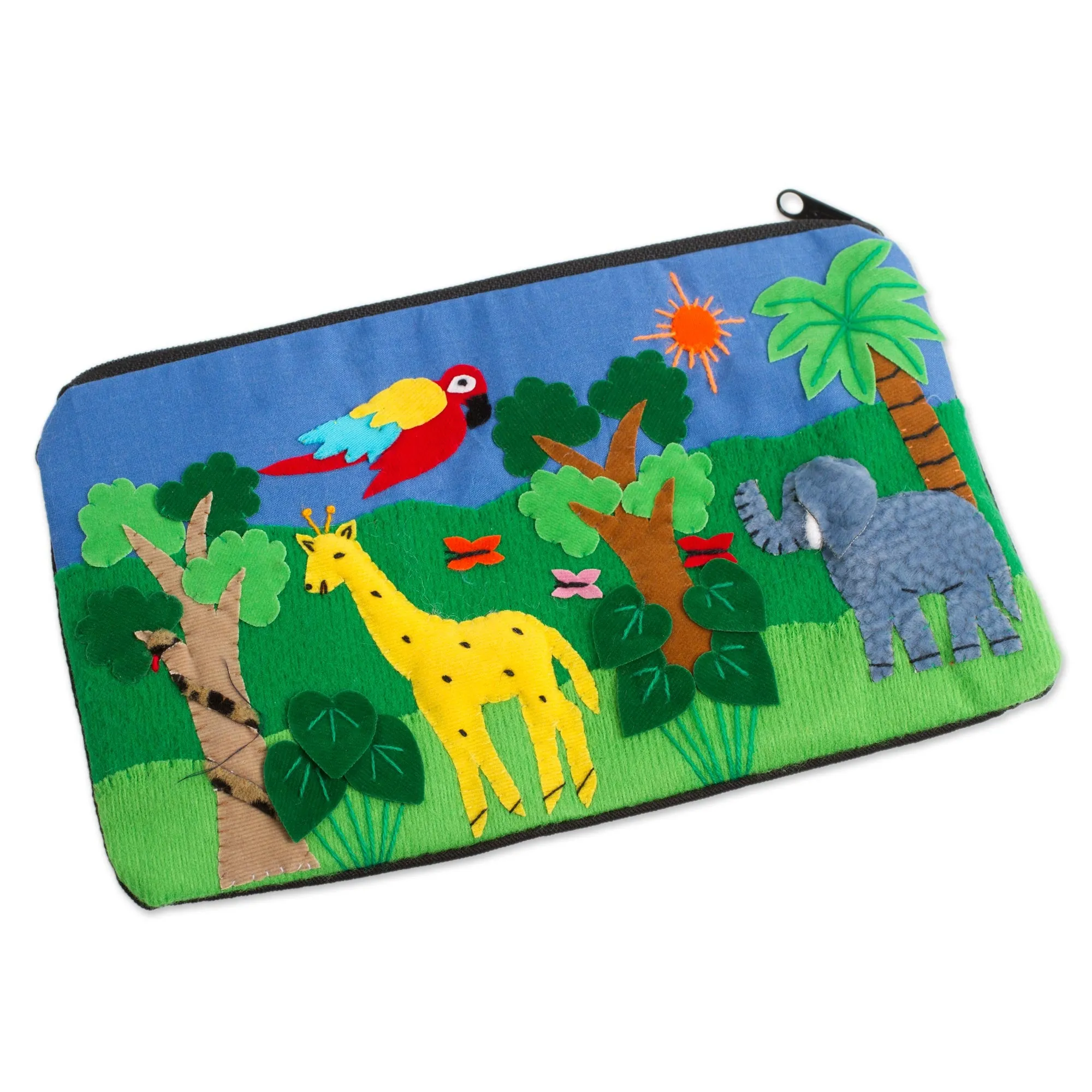 Cotton Applique Folk Art Cosmetic Bag - Jungle Friends | NOVICA