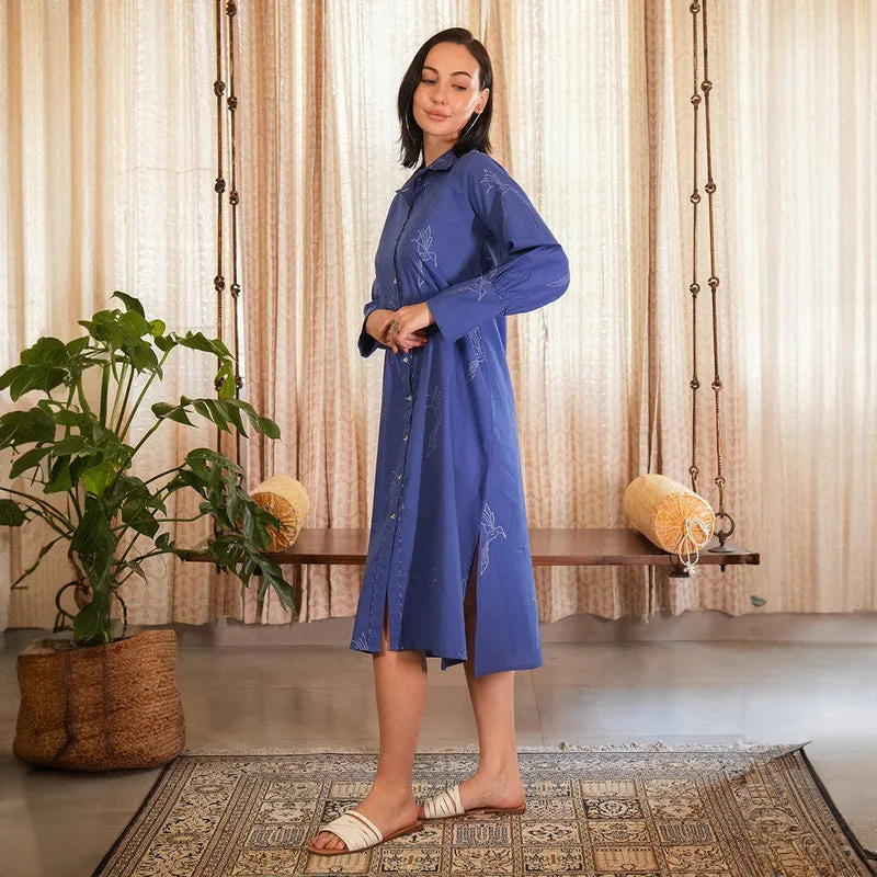 Cotton Printed Dress For Women | Hand Block Print | Full Sleeve | Blue