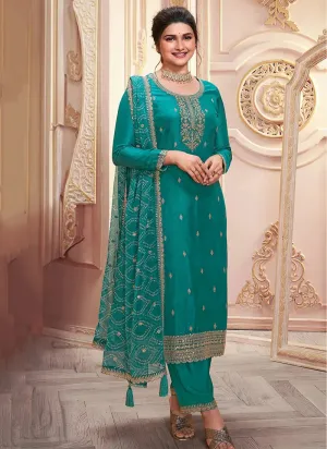 Deep Aqua Colored Georgette Silk Designer Straight Suit