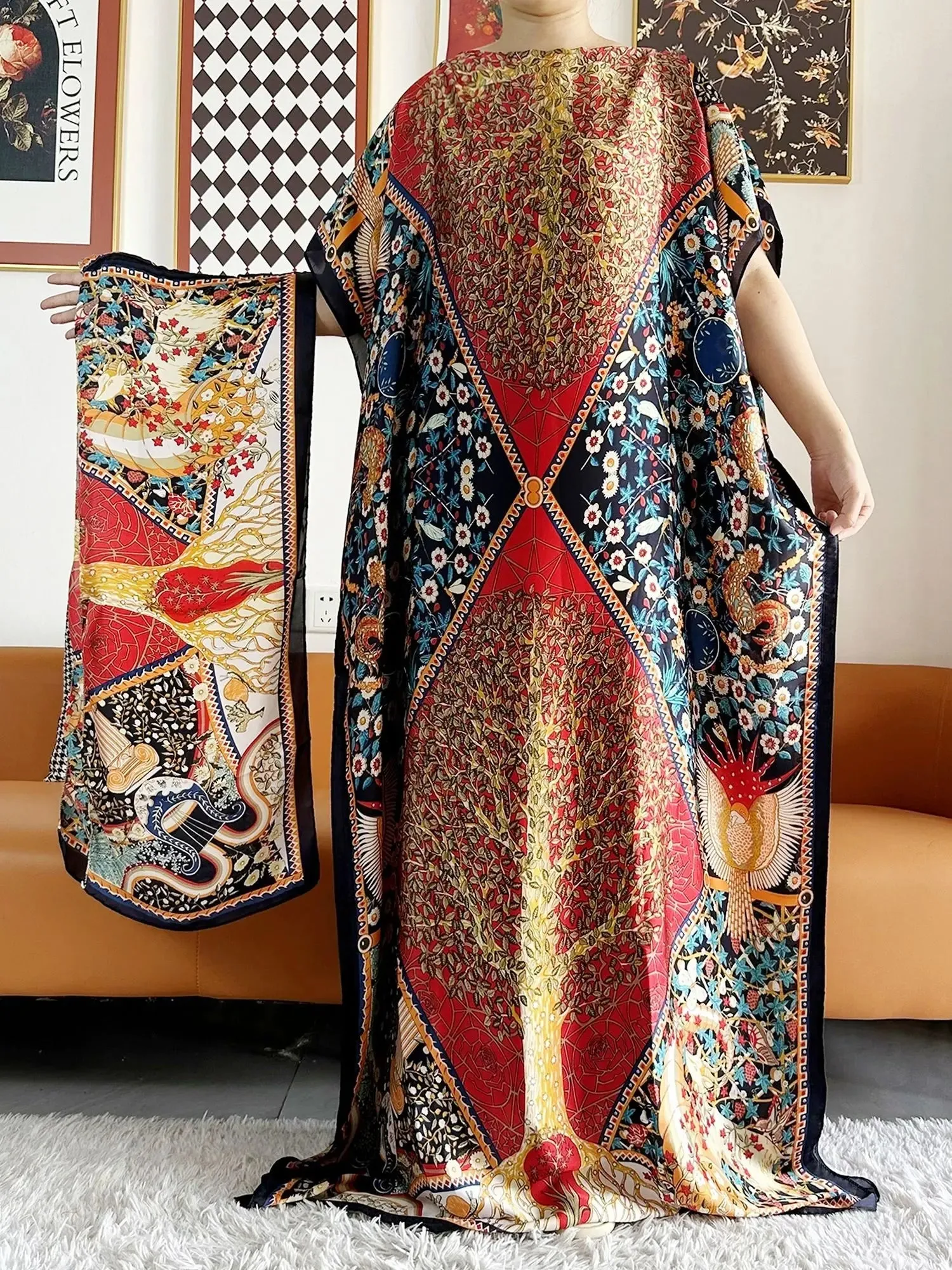 Elegant Printed Abayas: Soft, Loose-Fit Robes with Matching Scarves for Modern Muslim Women's Summer Fashion