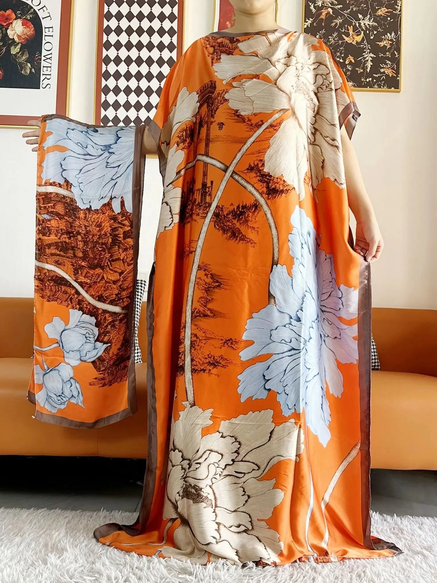 Elegant Printed Abayas: Soft, Loose-Fit Robes with Matching Scarves for Modern Muslim Women's Summer Fashion