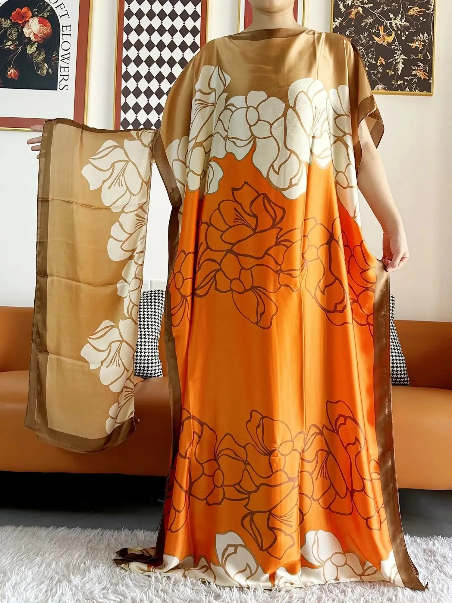 Elegant Printed Abayas: Soft, Loose-Fit Robes with Matching Scarves for Modern Muslim Women's Summer Fashion