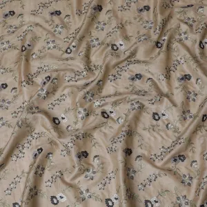 Elegant Taupe Tussar Silk Fabric with Black and Silver Floral Embroidery, 110 cm Wide â€“ Classic Indian Weave-D18976