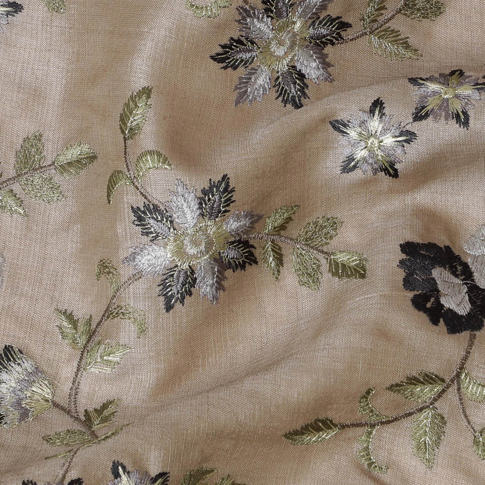 Elegant Taupe Tussar Silk Fabric with Black and Silver Floral Embroidery, 110 cm Wide â€“ Classic Indian Weave-D18976