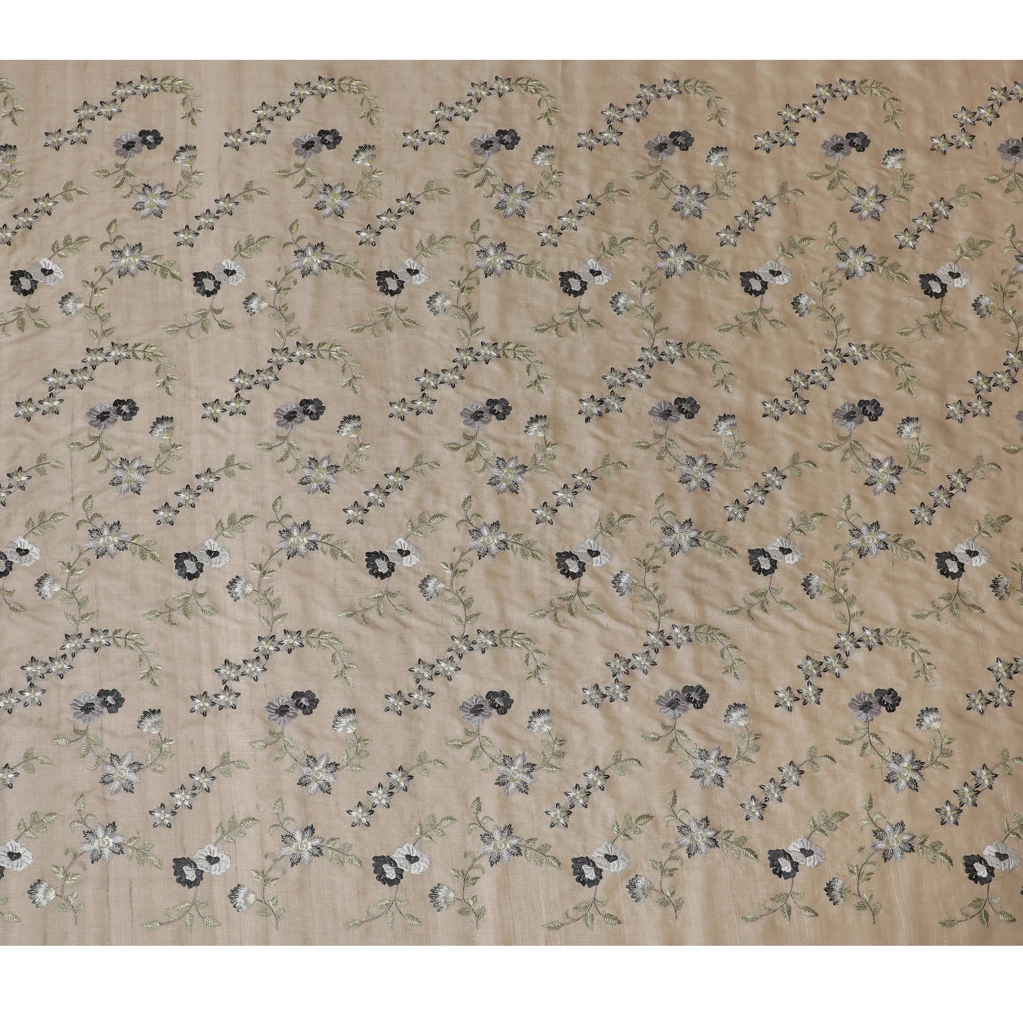 Elegant Taupe Tussar Silk Fabric with Black and Silver Floral Embroidery, 110 cm Wide â€“ Classic Indian Weave-D18976