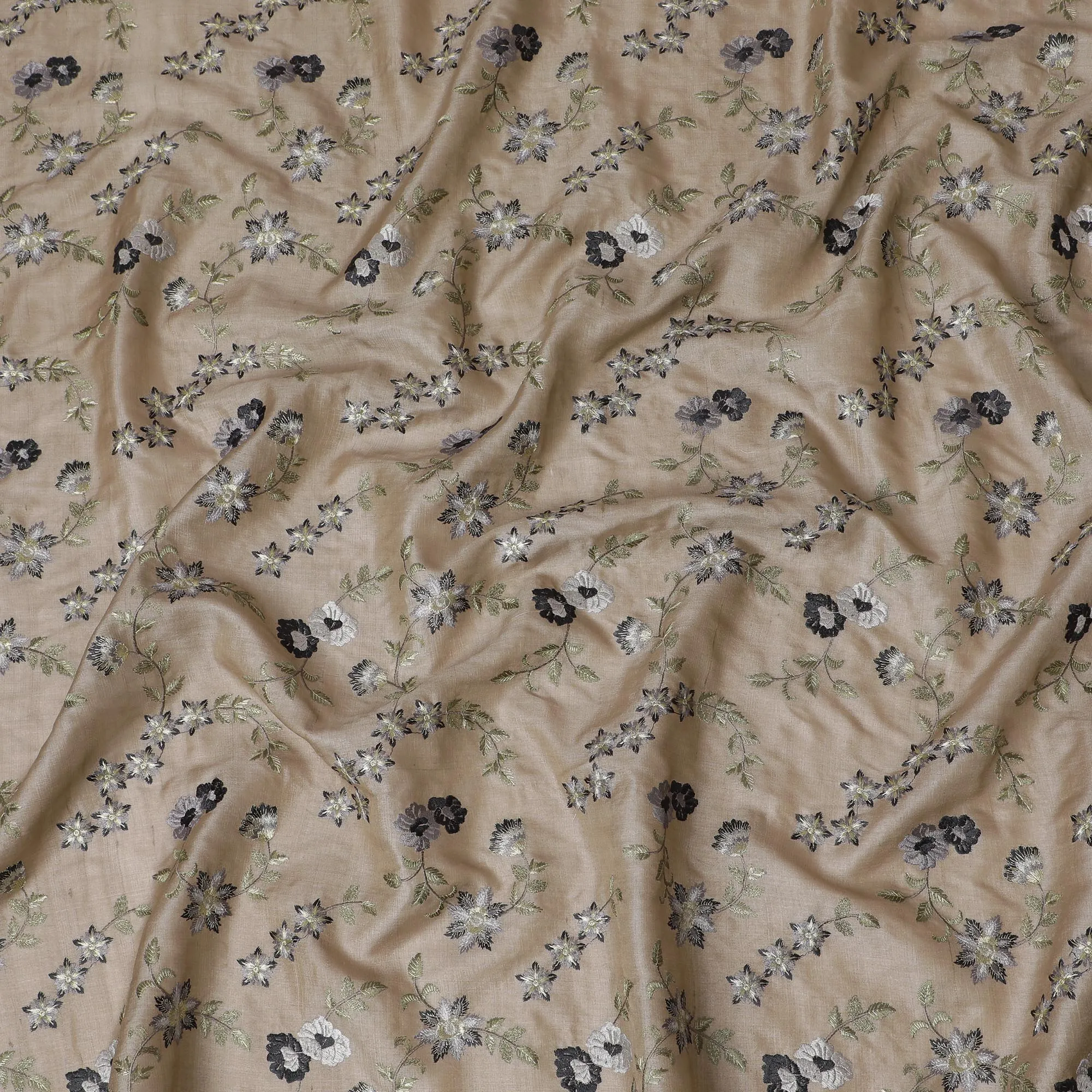 Elegant Taupe Tussar Silk Fabric with Black and Silver Floral Embroidery, 110 cm Wide â€“ Classic Indian Weave-D18976