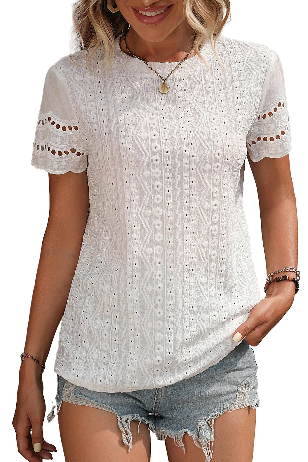 Embroidered Eyelet Scalloped Top