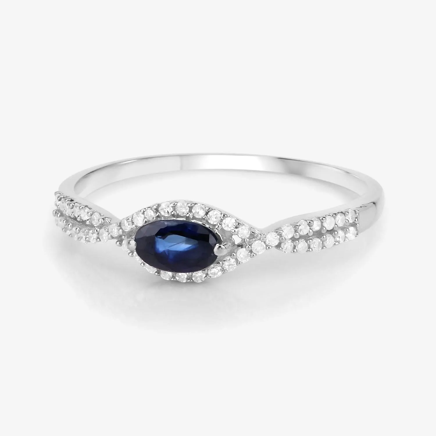 Genuine Blue Sapphire and White Diamond 14K White Gold Ring