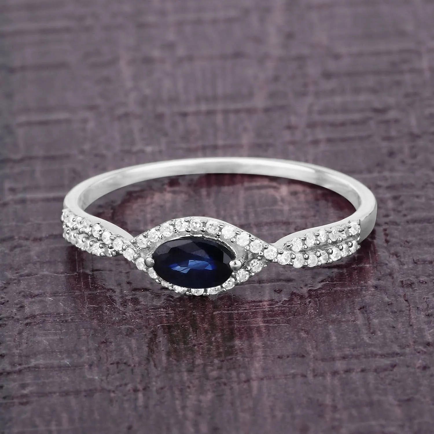 Genuine Blue Sapphire and White Diamond 14K White Gold Ring