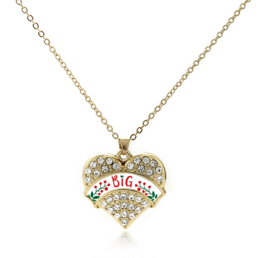 Gold Scarlet Red and Olive Green Big Pave Heart Charm Classic Necklace