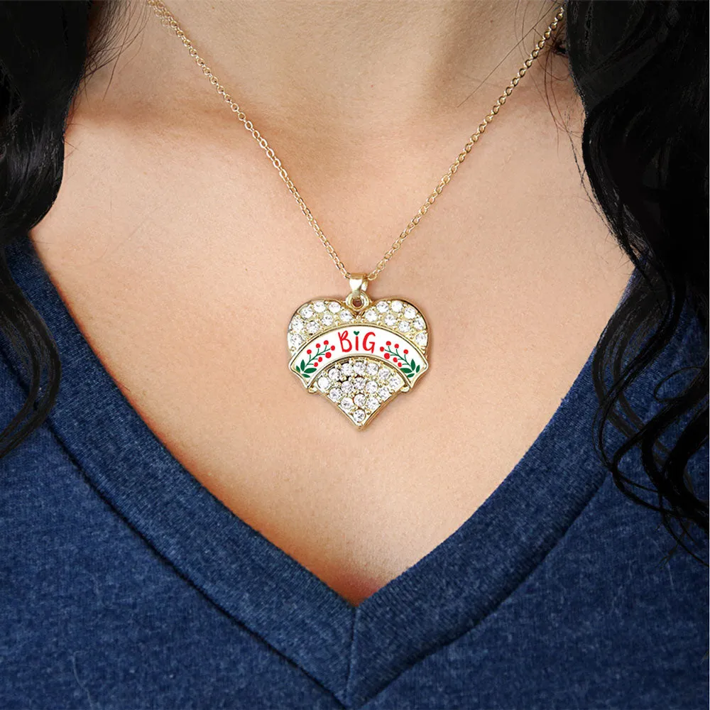 Gold Scarlet Red and Olive Green Big Pave Heart Charm Classic Necklace
