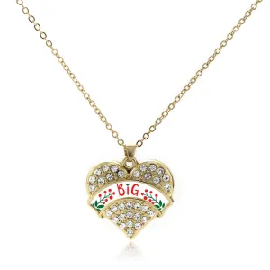 Gold Scarlet Red and Olive Green Big Pave Heart Charm Classic Necklace