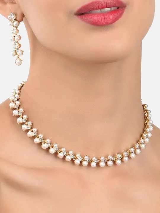 Gold Toned & White Contemporary Pearls Studded Jewelry Set