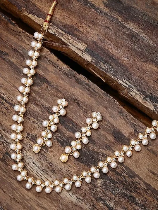 Gold Toned & White Contemporary Pearls Studded Jewelry Set