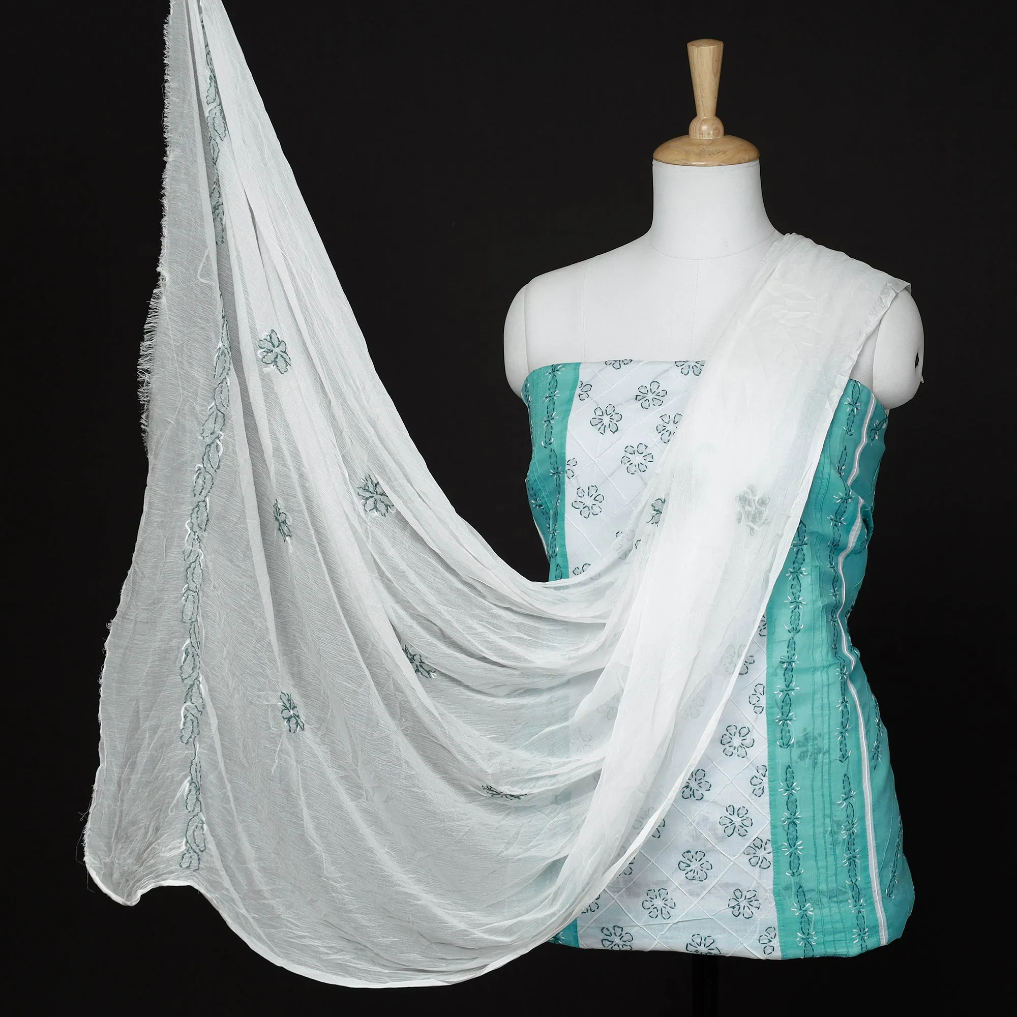 Green - 3pc Hand Embroidery Cotton Chikankari Dress Material