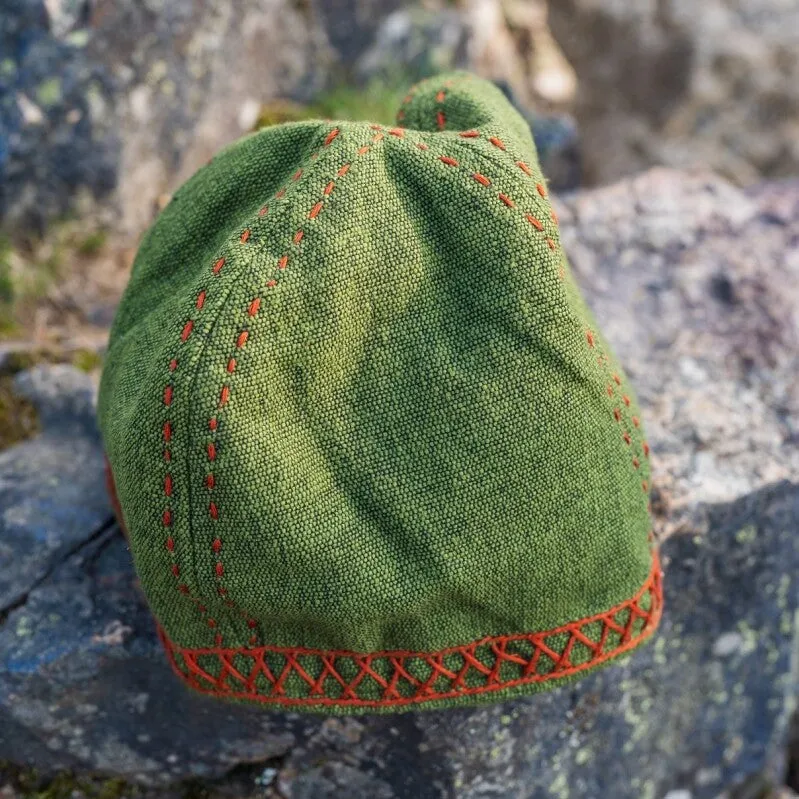 Green Cotton Viking Cap | Red Embroidered Norse Motifs