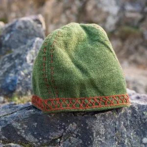 Green Cotton Viking Cap | Red Embroidered Norse Motifs