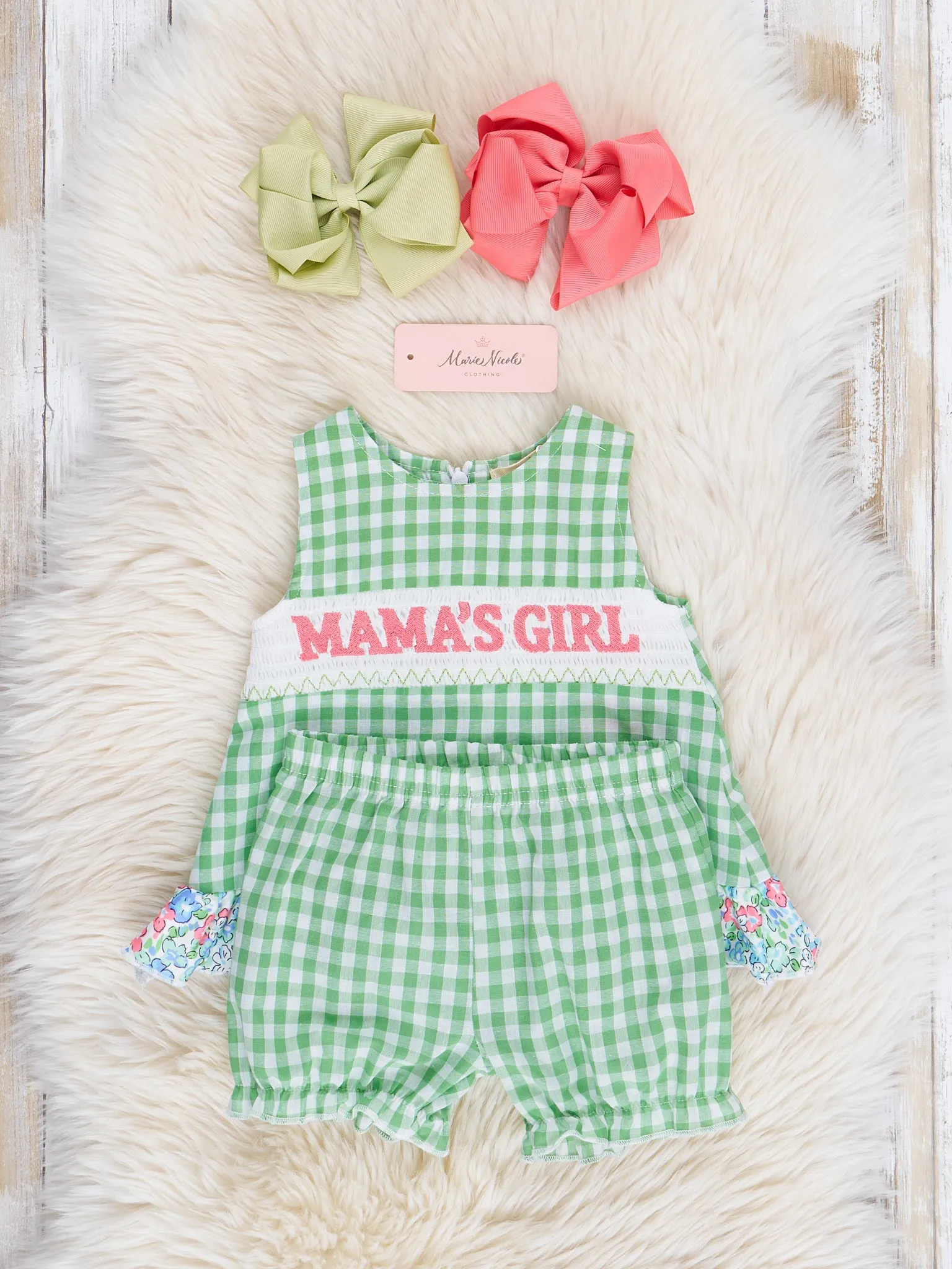 Green Gingham Mama's Girl Smocked Bloomers Outfit