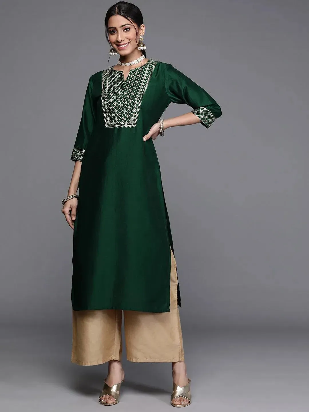 Green Yoke Design Chanderi Silk Kurta