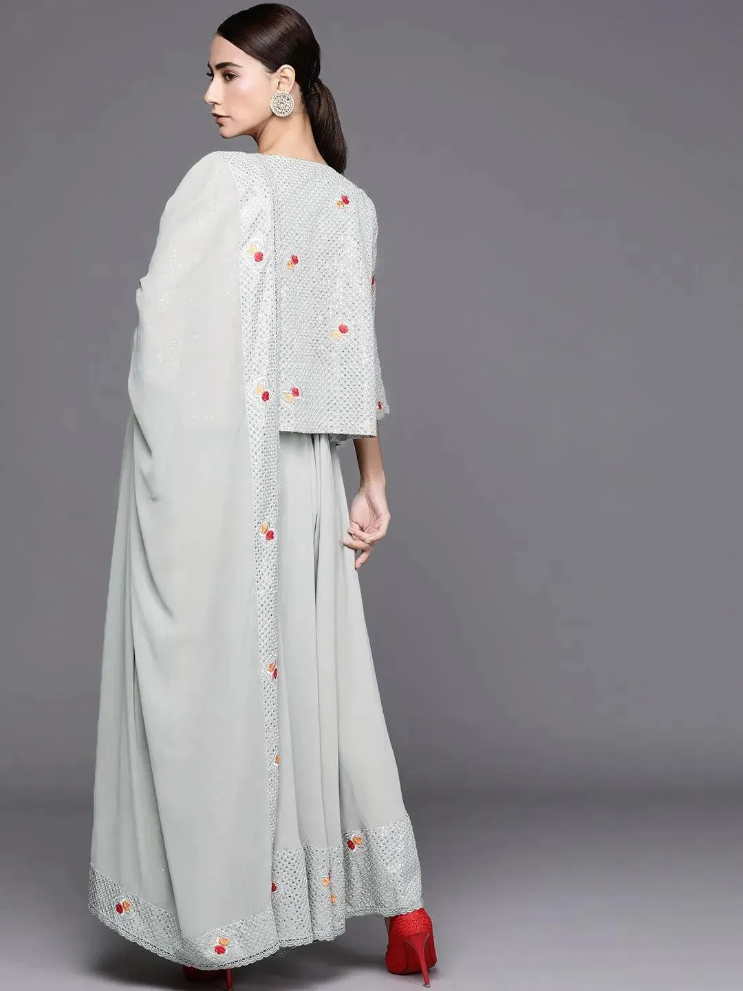 Grey Embellished Georgette Jacket Dress With Dupatta