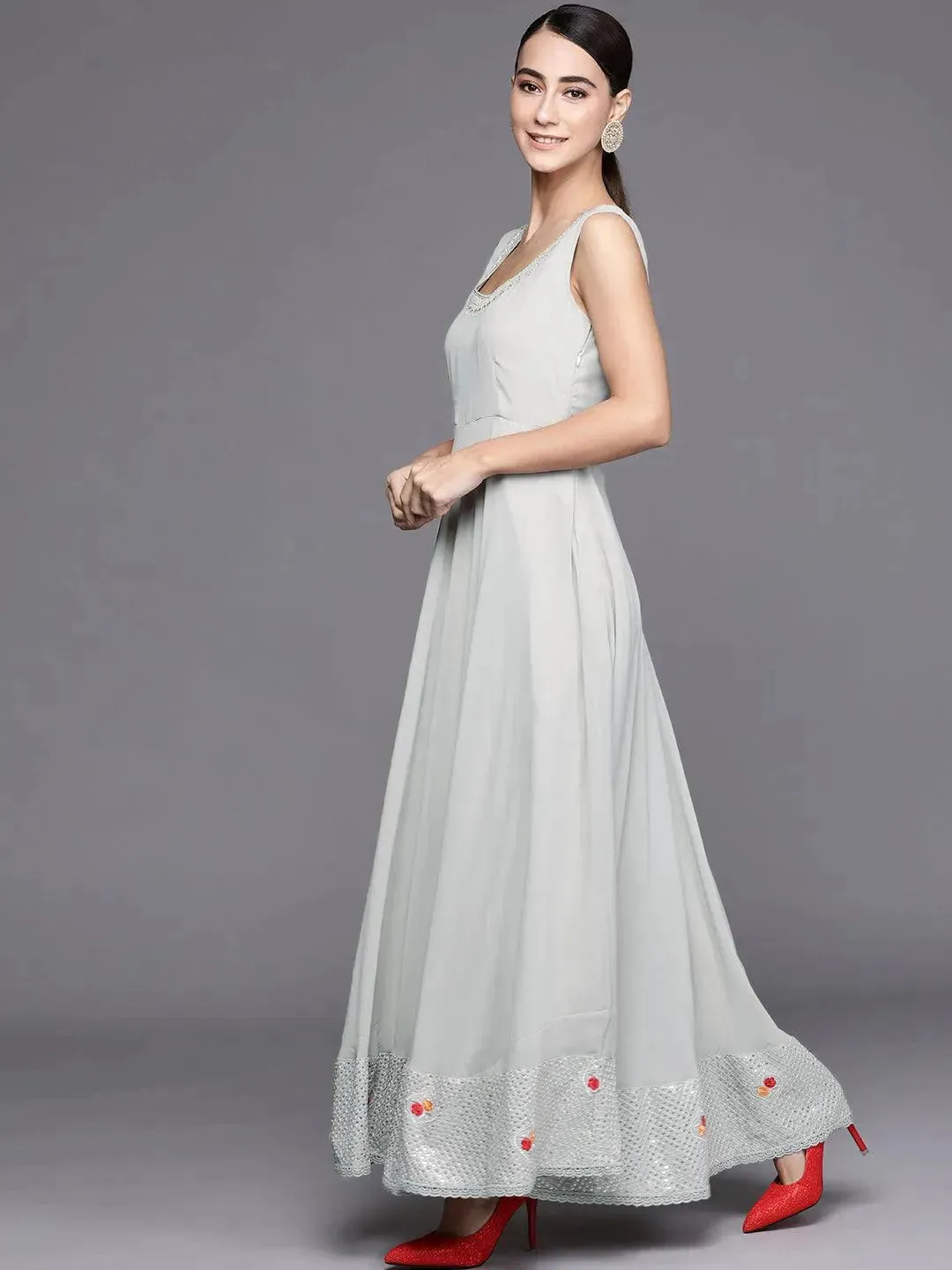 Grey Embellished Georgette Jacket Dress With Dupatta
