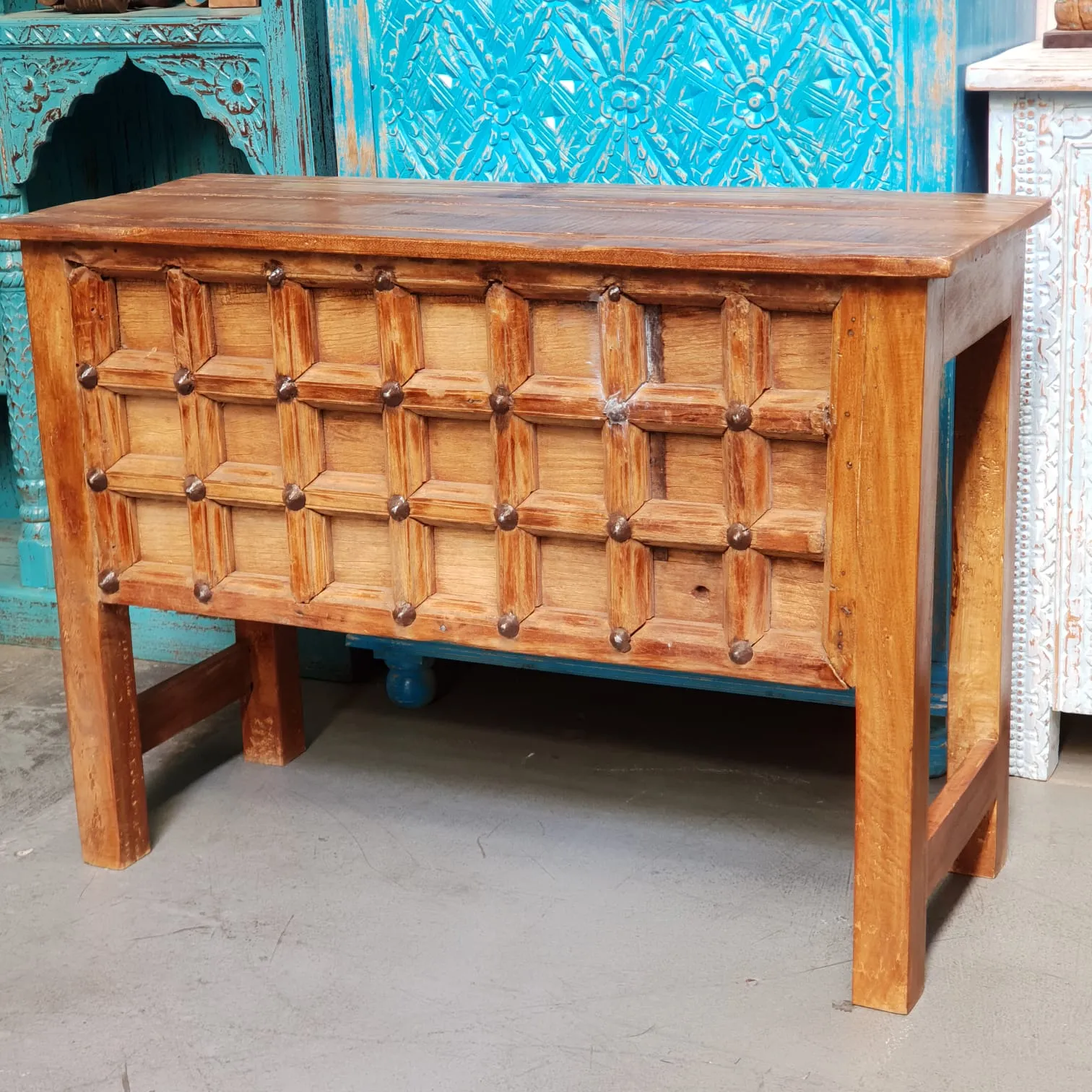 Handmade Carved Solid Hard Wood Console Table With Iron Fittings
