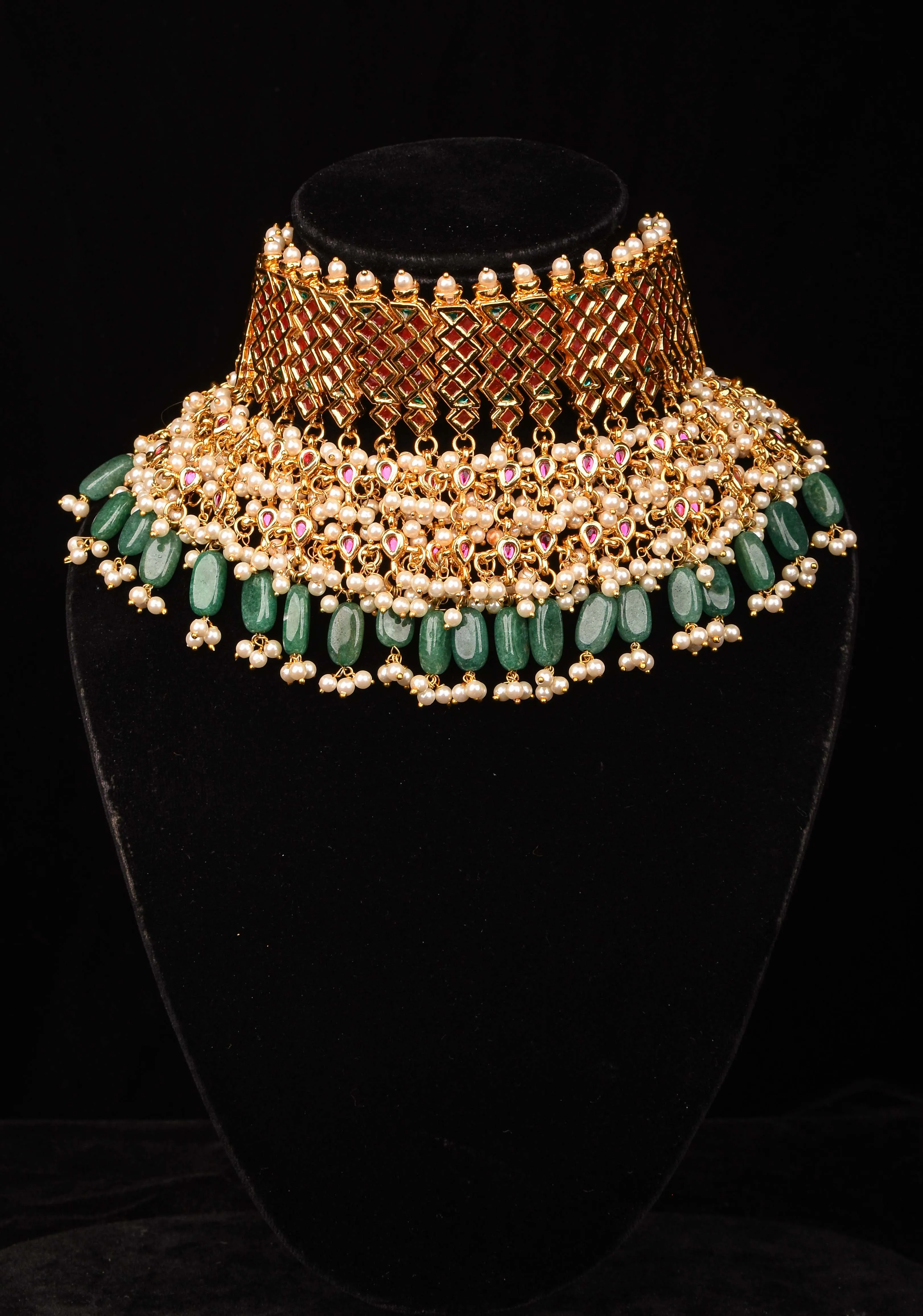 Jadau Choker in Red,Pink and white Stones with Dangling Beads | Shobitam Jewelry