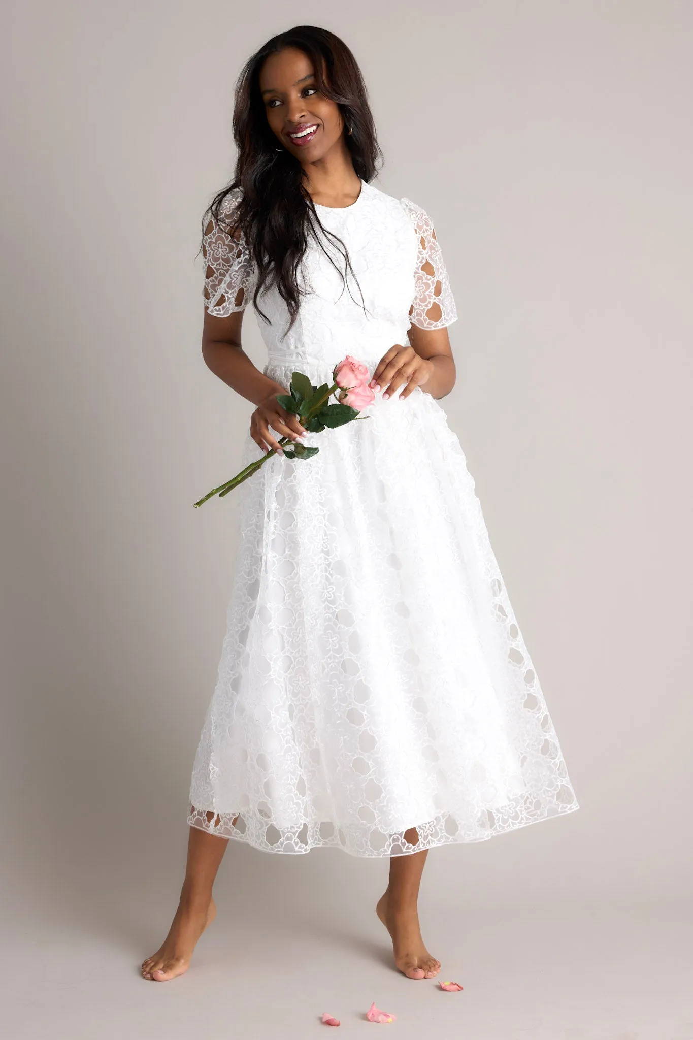 Life’s Pathways White Floral Embroidered Midi Dress